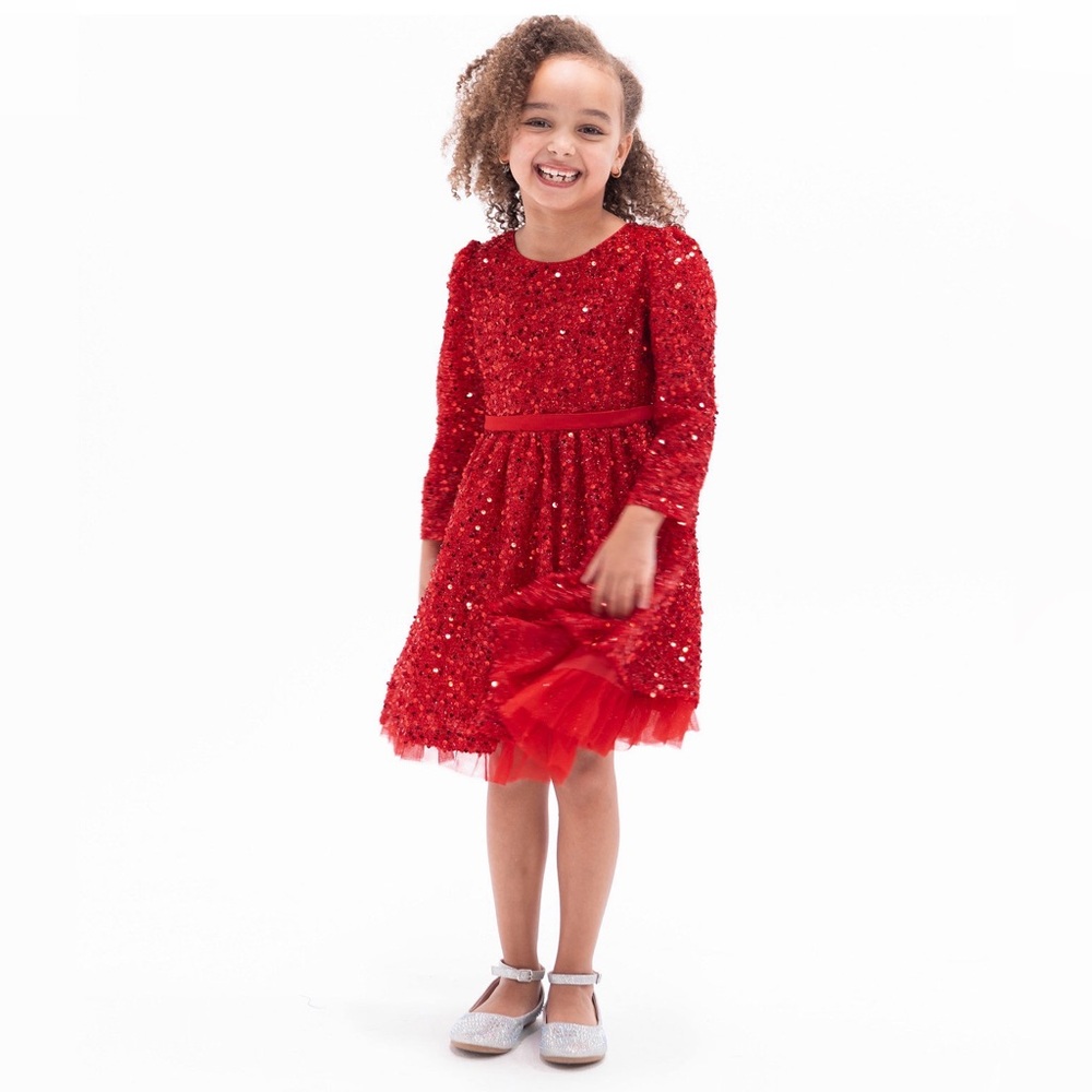 Toddler Girls Long Sleeve All-Over Sequin with Back Bow Social Dress